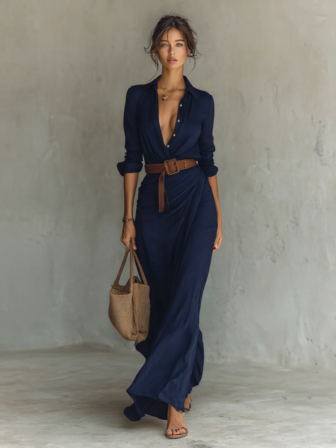 Vestido largo con cuello de solapa