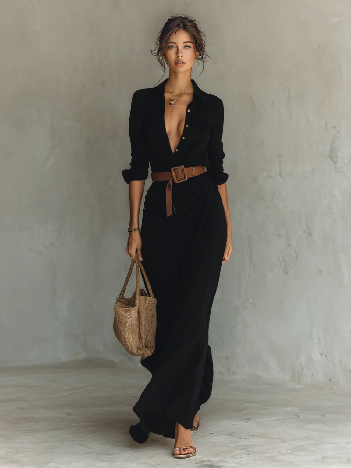 Vestido largo con cuello de solapa